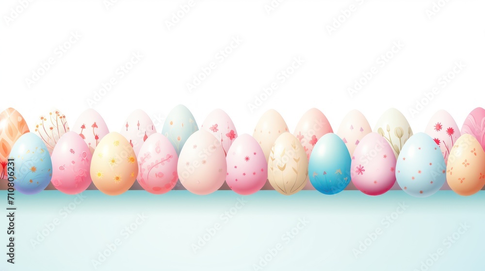  a row of pastel colored easter eggs on a blue background with a white space in the middle of the row.