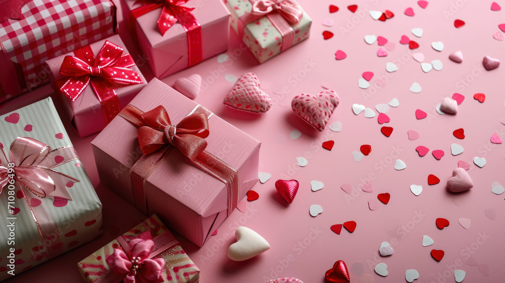Obraz premium Valentine's day background with hearts and gift box on pink