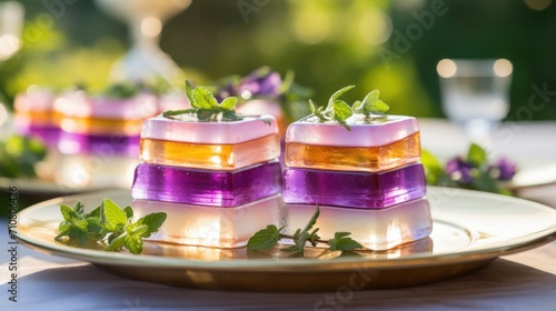  a close up of a plate of food on a table with a glass of wine and flowers in the background.