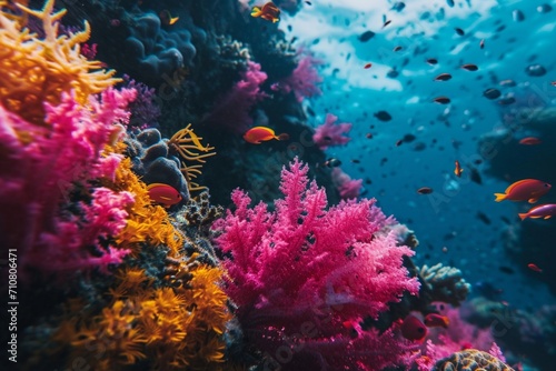 A vibrant coral reef with neon bright pink veins in the coral and fish 