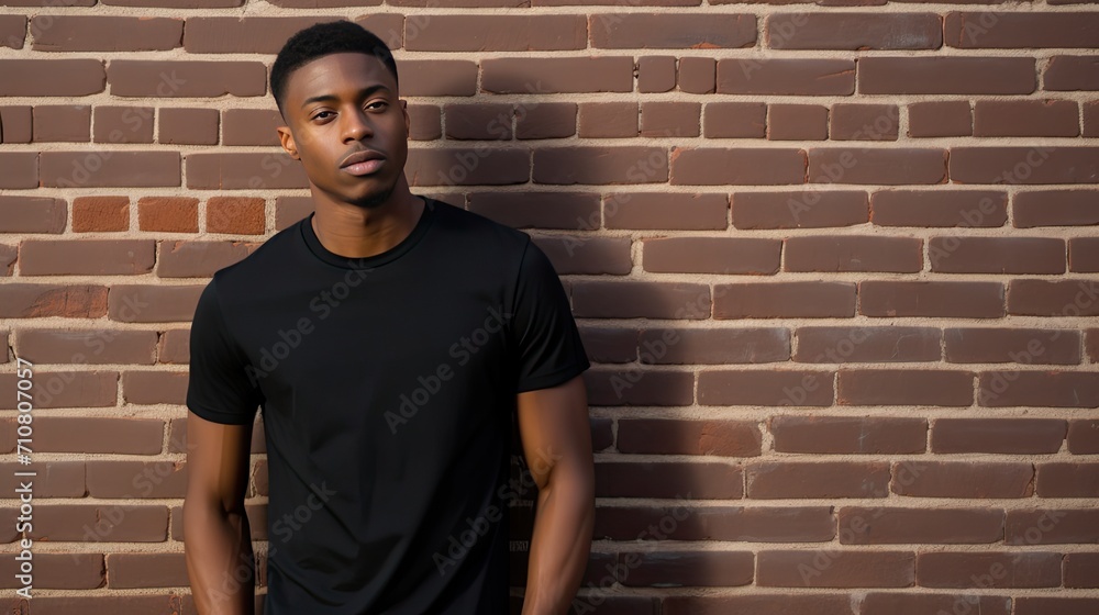 a handsome African American man wearing a blank black t-shirt, standing against a brick wall, a handsome African American man wearing a blank black t-shirt, standing against a brick wall,