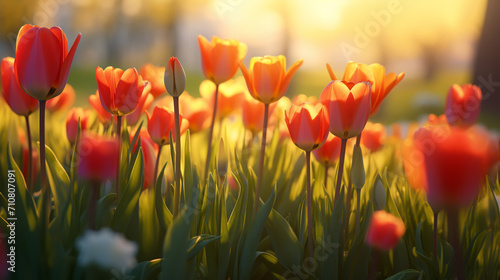 A magical landscape with sunrise over tulip field