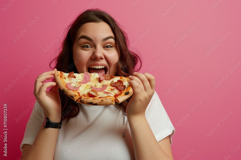 A Happy fat girl Eating pizza, Opening Mouth, wearing an extremely tight short sleeve white shirt.