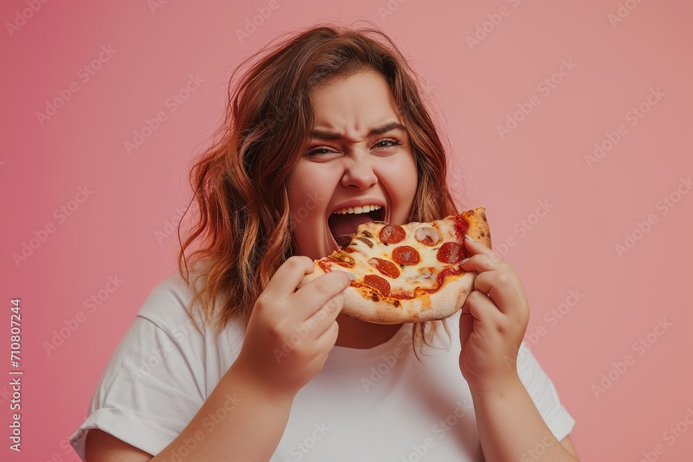 A Happy fat girl Eating pizza, Opening Mouth, wearing an extremely tight short sleeve white shirt. A Happy fat girl Eating pizza, Opening Mouth, wearing an extremely tight short sleeve white shirt.