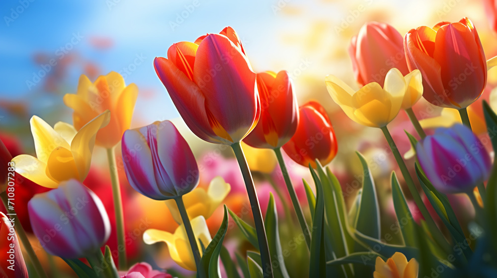 A magical landscape with sunrise over tulip field A magical landscape with sunrise over tulip field