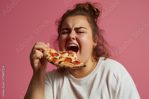 A Happy fat girl Eating pizza  Opening Mouth  wearing an extremely tight short sleeve white shirt.