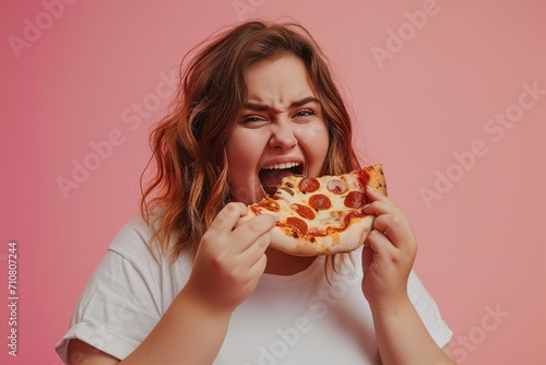 A Happy fat girl Eating pizza, Opening Mouth, wearing an extremely tight short sleeve white shirt.