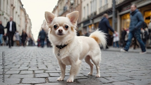 Cream long coat chihuahua dog walking on the street