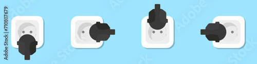 Plug and socket icons set. Connecting the plug to the outlet in different positions. The concept of connecting to the power grid vector. Socket vector. Connecting electrical appliances vector.