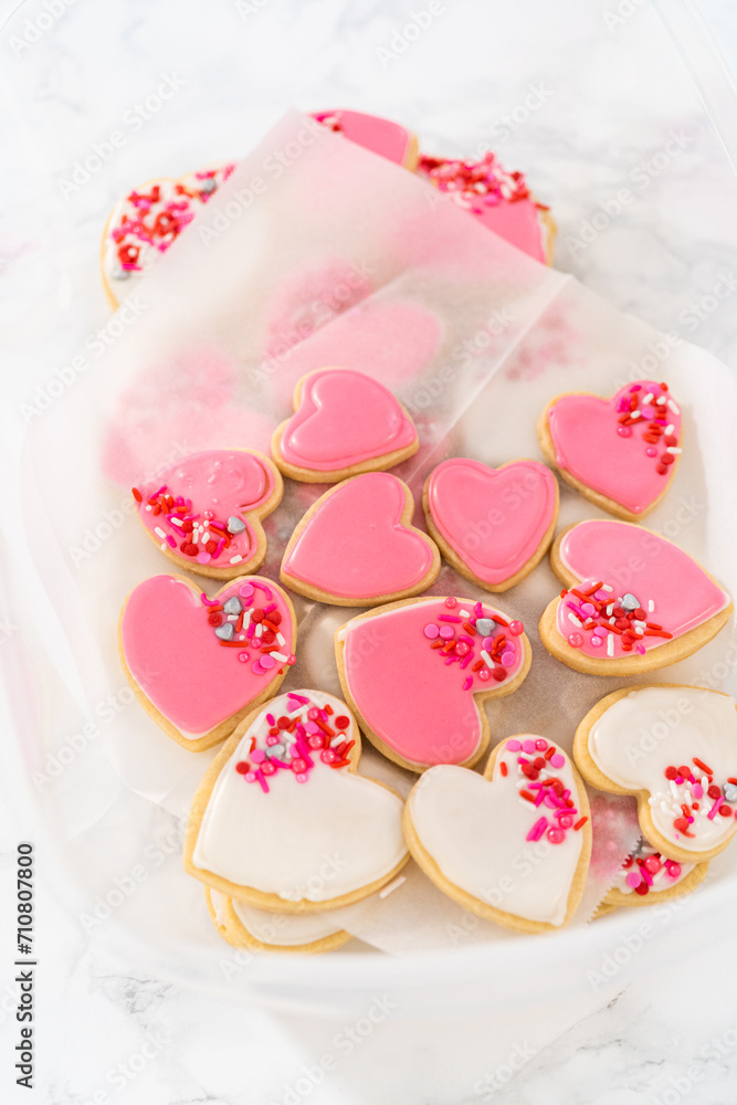 Heart-shaped sugar cookies with royal icing