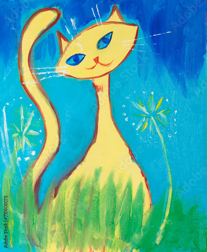 Yellow cat on blue painting