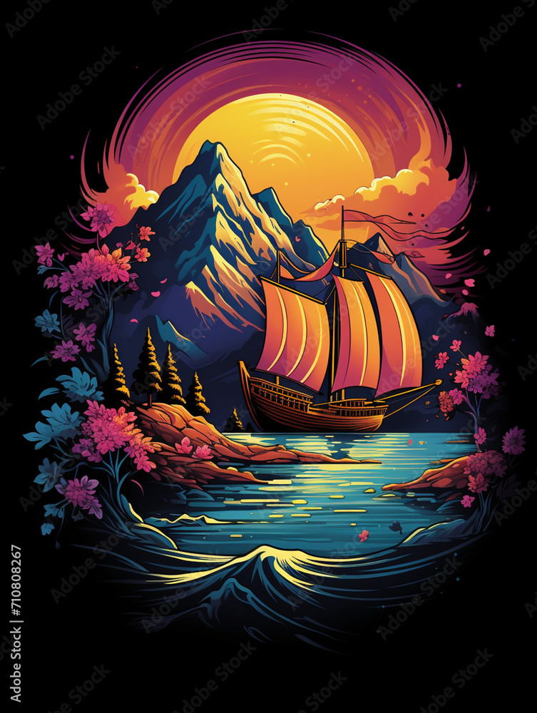 Obraz premium t-shirt design, a boat with a rainbow sail on the mountains, in the style of detailed character illustrations created with Generative Ai