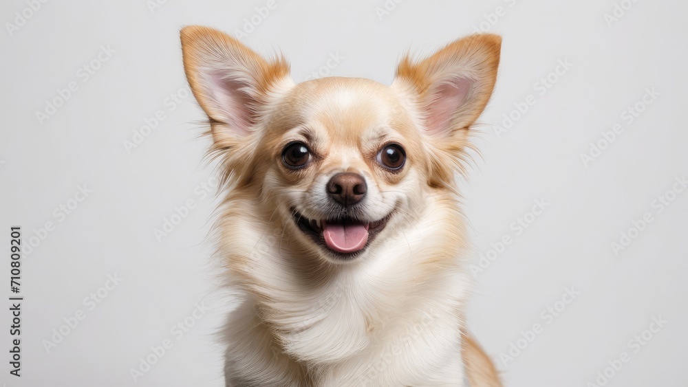 Portrait of Cream long coat chihuahua dog on grey background Portrait of Cream long coat chihuahua dog on grey background
