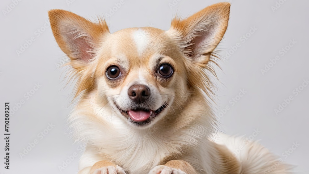 Portrait of Cream long coat chihuahua dog on grey background Portrait of Cream long coat chihuahua dog on grey background