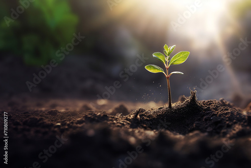 A sapling sprouting from the ground. Green seedling illustrating concept of new life and beginning of a new life. photo