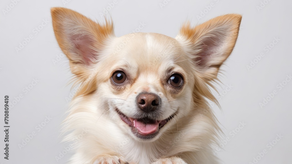 Portrait of Cream long coat chihuahua dog on grey background Portrait of Cream long coat chihuahua dog on grey background
