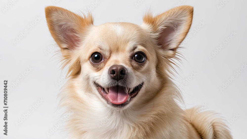 Portrait of Cream long coat chihuahua dog on grey background Portrait of Cream long coat chihuahua dog on grey background