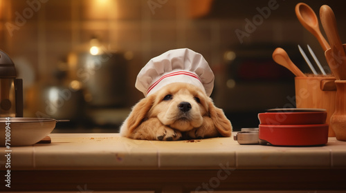 Happy Dog is cooking Wearing a chefs shirt