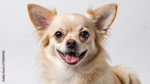 Portrait of Cream long coat chihuahua dog on grey background
