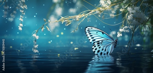 Aqua-blue butterfly with celestial patterns, gliding over a tranquil pond surrounded by weeping willows, reflecting the peacefulness of a summer afternoon. photo