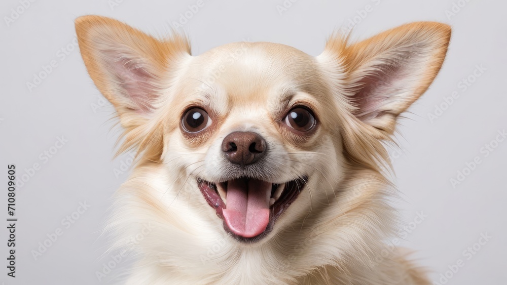 Portrait of Cream long coat chihuahua dog on grey background Portrait of Cream long coat chihuahua dog on grey background