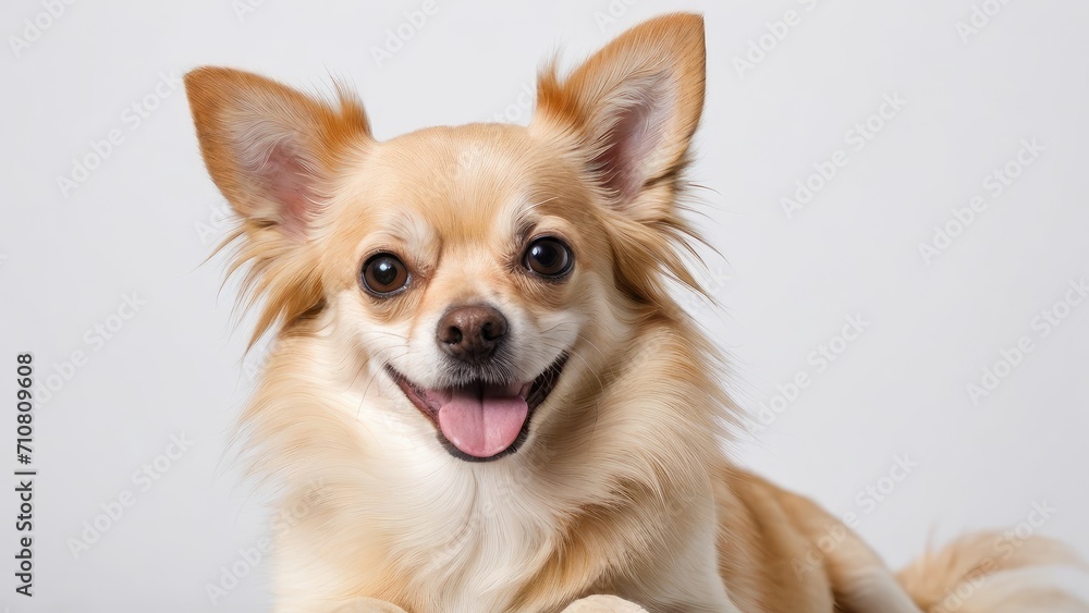 Portrait of Cream long coat chihuahua dog on grey background Portrait of Cream long coat chihuahua dog on grey background