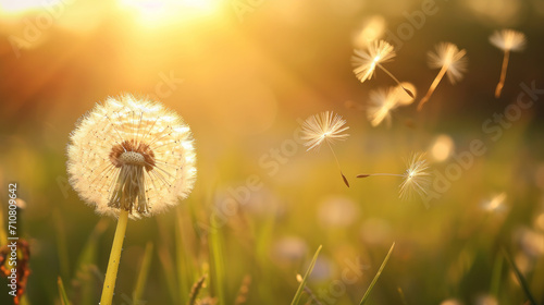 Whimsical Whispers: Dandelion Ballet in Summer Breeze. Generative AI photo