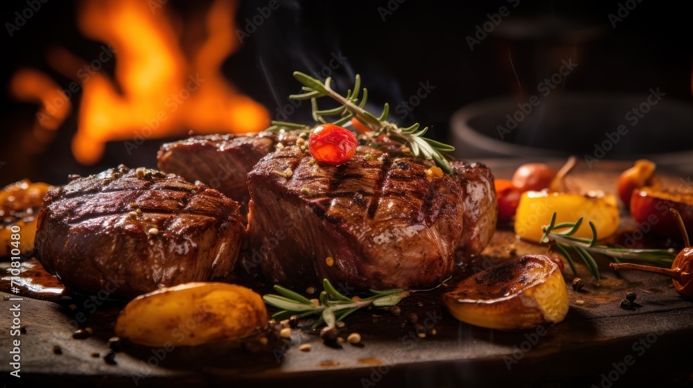  a steak with a garnish on top of it sitting on a cutting board next to potatoes and tomatoes.