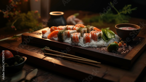 Sushi is arranged on a wooden tray.