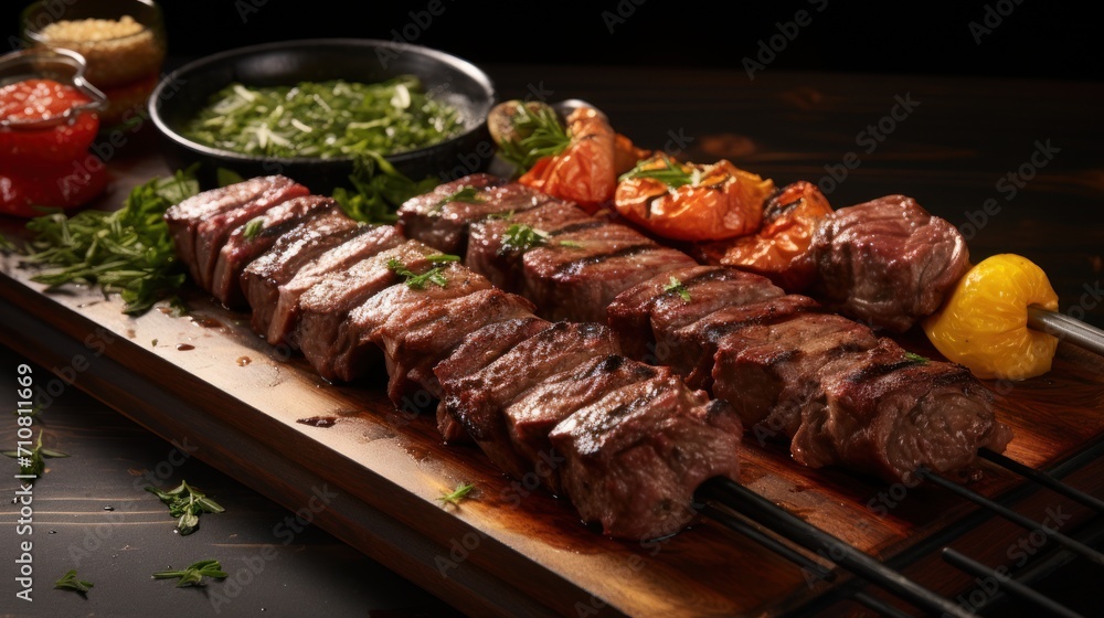  a wooden cutting board topped with meat and veggies next to a bowl of sauce and a bowl of tomatoes.