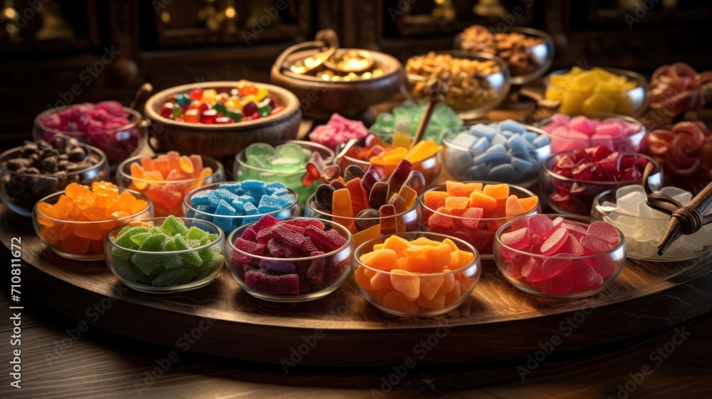  a wooden tray filled with lots of different types of candies on top of a table next to a bowl of candy.