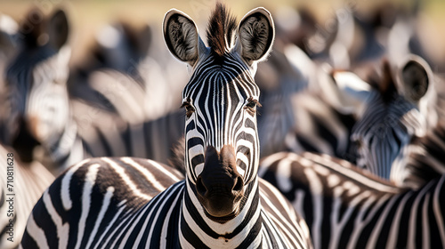 close up from a zebra surrounded with black and white stripes in his herd photo