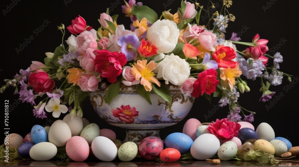 Obraz premium a vase filled with lots of flowers sitting next to a pile of eggs and flowers on top of a table.