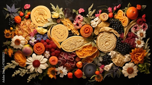  a close up of a bunch of food on a black surface with flowers and fruit on the side of it.