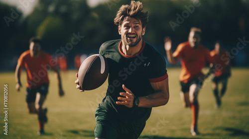 Caucasian male soccer player plays football on the field. © S photographer