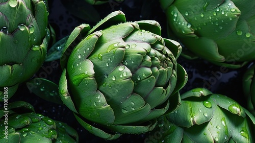  a bunch of green artichokes with drops of water on them and green leaves with drops of water on them.
