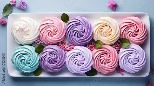  a close up of a plate of cupcakes with frosting and flowers on the side of the plate.