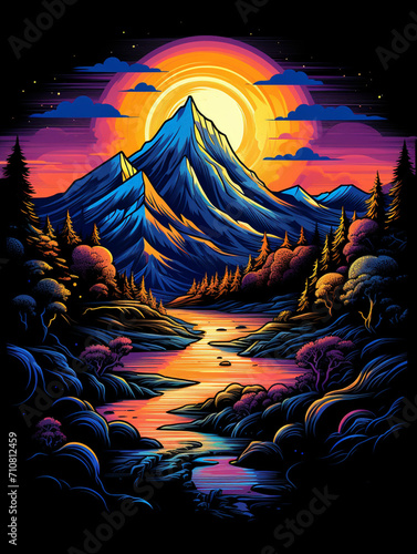 t-shirt design, the beautiful mountains near a river in flat style illustration, in the style of multidimensional shading created with Generative Ai © Andrii Yablonskyi