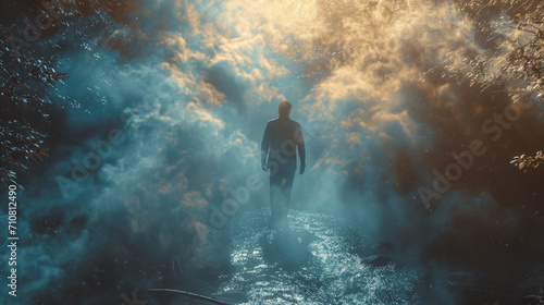 Ein Mann wandelt in den Wolken zum Licht
