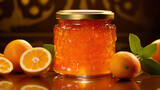  a jar of orange marmalade next to oranges on a table with leaves and oranges around it.