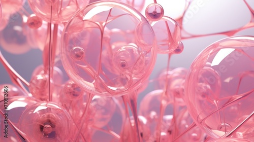  a close up of a bunch of pink balls in the air with a blue sky in the backround.