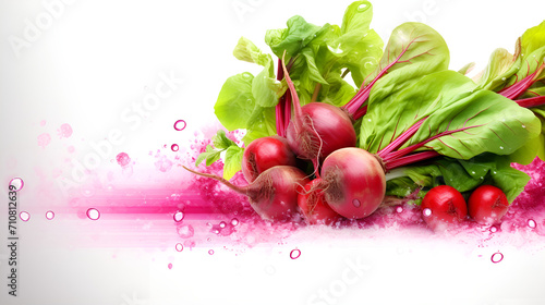 Splashing radishes on white background,Fresh radishes on white close-up,A set of bejeweled radishes, their red and white hues enhanced with shimmering crystals, gracefully spread on a pure white sur

