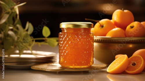  a jar of orange marmalade sitting on a table next to a plate of oranges and a bowl of oranges.