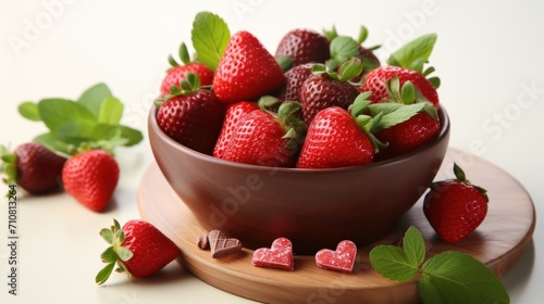  a bowl of strawberries sitting on top of a table next to a couple of pieces of heart shaped chocolate.