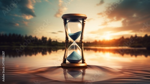  an hourglass sitting in the middle of a body of water with the sun setting in the distance behind it.