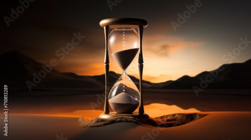 an hourglass sitting on top of a piece of sand in front of a mountain range with a sunset in the background.