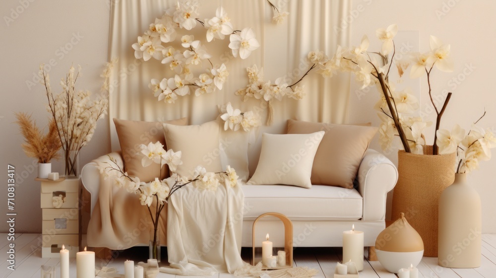  a white couch sitting next to a white table with candles and vases filled with flowers on top of it.