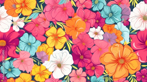  a bunch of colorful flowers that are on a blue and pink background with yellow and pink flowers in the middle of the picture. © Olga