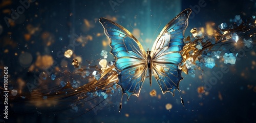Electric blue butterfly, its wings adorned with abstract designs, dancing through a field of golden wildflowers under a clear azure sky.