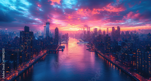 Fantasy landscape of city with river, downtown with skyscrapers and cloudy sky at sunset